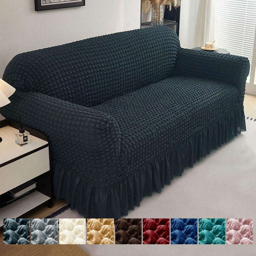 XM-Mirelitho 1pc Pet Friendly Bubble Waffle Stretch Sofa Slipcover With Ruffle Skirt Anti-Slip Full Wrap Couch Cover Machine Washable Universal Furniture Protector For 1/2/3/4 Seater Old Sofa Living Room Makeover