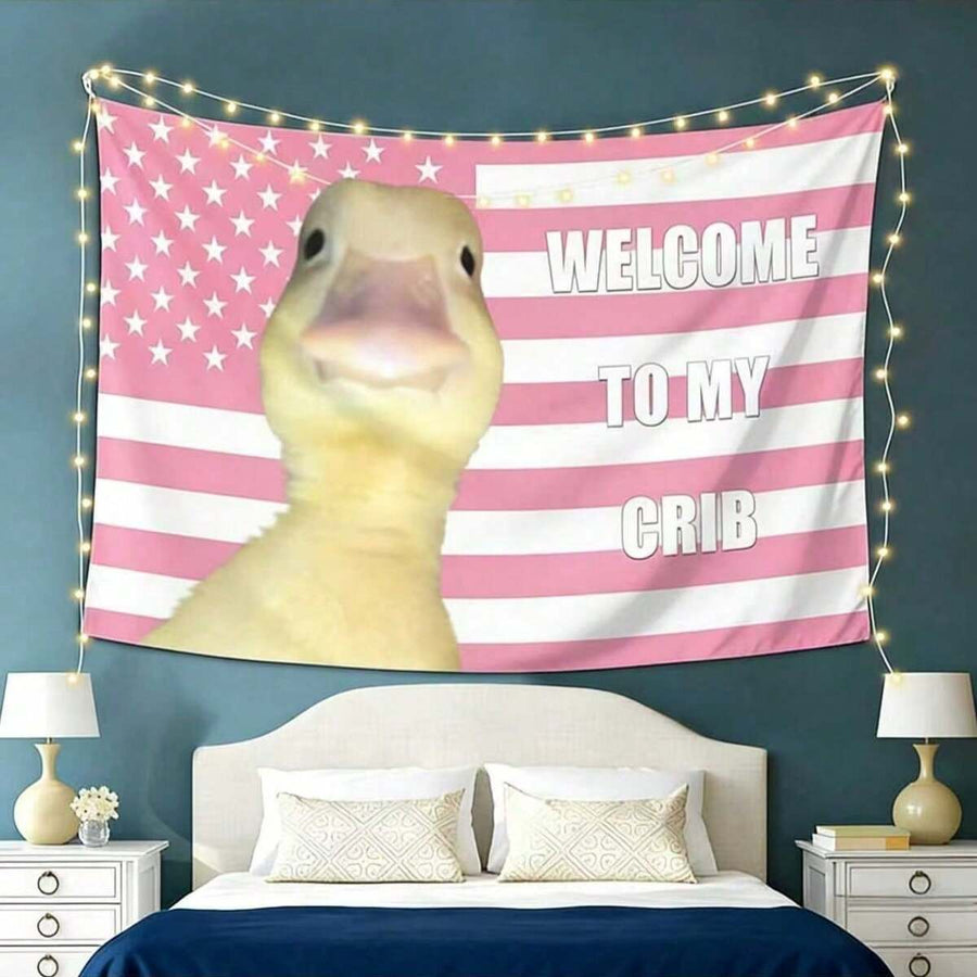 Funny Duck "Welcome To My Crib" Pink American Flag Tapestry,Room Deocr,Tapestry,Wall Deocr,Living Room Deccor,Tapestry Wall Hanging,Flags For Bedroom,Gift,Bedroom,Living Room,Indoor Home,Outdoor Flag Wall Tapestry.